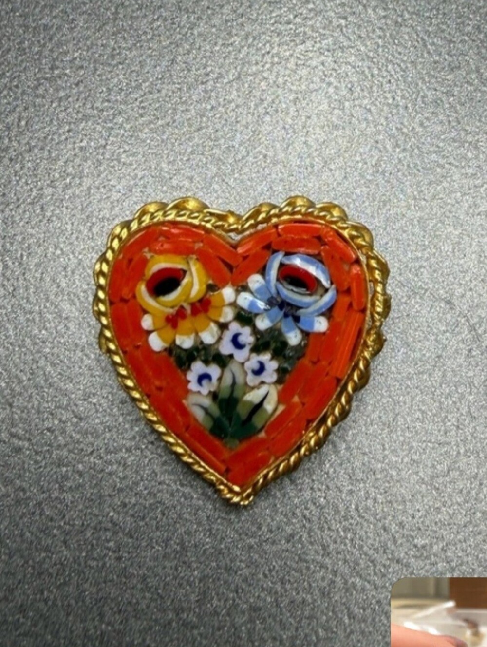 Vintage Heart Floral Mosaic Brooch in Orange and Gold